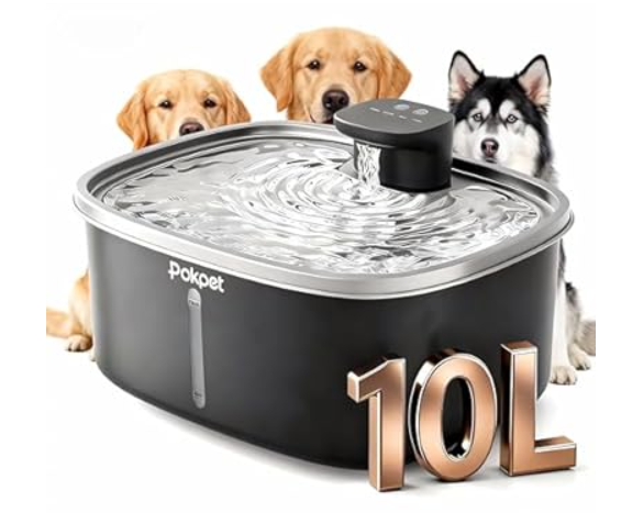 10L/2.64GAL Wireless Water Fountain for Cats Large Dogs for MultiPet Homes  Stainless Steel 4000mAh Battery Operated Automatic Pet Water Dispenser with Sensor, Quiet Flowing Bowl  Black