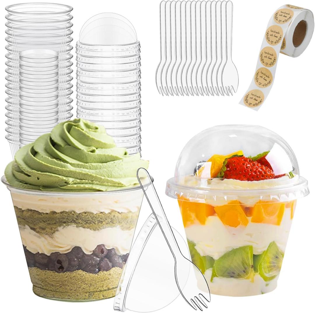 Clear Dessert Cups with Lids and Spoons, 100 Pack 7oz Mini Parfait Cups for Party Desserts, Appetizers, Holidays