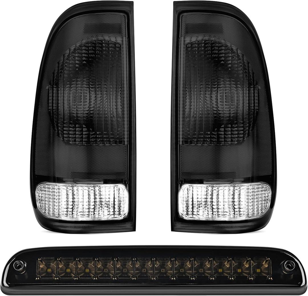 Nilight Tail light + 3rd Third Brake Light Assembly Compatible with 1999 2000 2001 2002 2003 2004 2005 2006 2007 F250 F350 F450 F550 Super Duty Smoke Taillight with High Mount Brake Rear Cargo Lamp