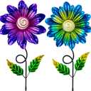 Metal Flowers for Outside, 2 Pack 25'' Flower Decorative Garden Stakes for Spring Yard Decor, Flower Yard Art for Porch Fence Landscape Pot Patio Decor (Purple & Blue)