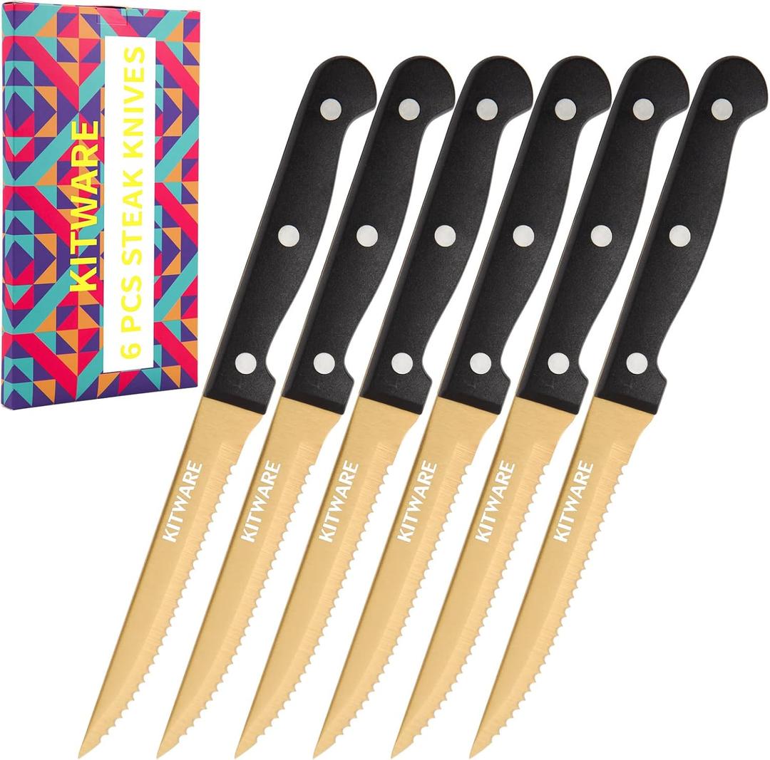KITWARE Gold Steak Knives Set of 6 pcs with Gift Box, 4.5 inch Stainless Steel Steak sets, Serrated Edge Metal Knife Sets for Dinner Table, Knife for Barbeque, Picnic, Camping, Hiking