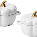 Pumpkin Bowl Set with Lid and Handle, Set of 2 Ceramic Ramekins for Baking, Casserole Dish Individual Severing Pot, Stoneware, Oven Safe, 14 Oz (White)