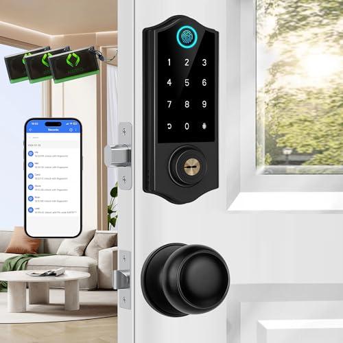 Harfo Fingerprint Smart Door Locks for Front Door with Handle Set, App Control, Keyless Entry Door Lock Keypad Deadbolt, Bluetooth Digital Electronic Touchscreen, Easy Install, Auto Lock, Black