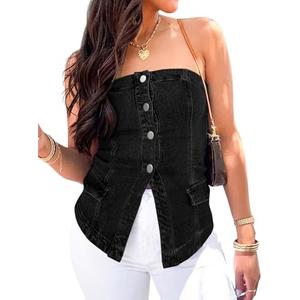 Cicy Bell Womens Strapless Denim Vest Summer Button Down Jean Tube Tops Y2k Going Out Fitted Bandeau Shirts Waistcoat, XL