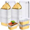 Vesici 100 Sets Valentines Mini Loaf Pans with Lids, 5.7 oz Disposable Aluminum Foil Baking Cups, Rectangle Cake Pans for Pudding Desserts Muffin Baking Storage Valentines Birthday Party(Gold)