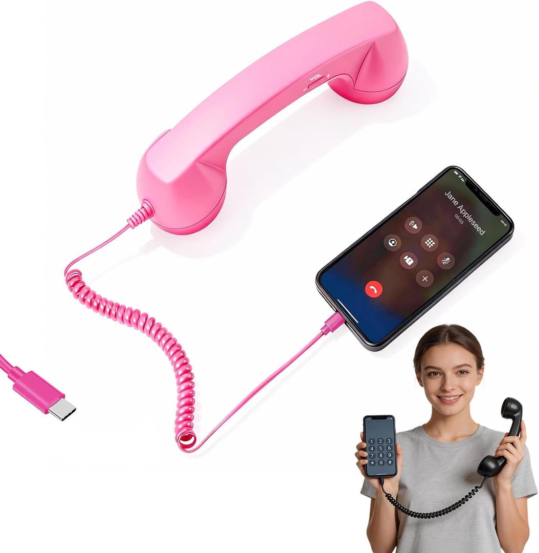 Retro Phone Handset, Retro Phone Handset for Phone, Type-C Retro Telephone Wired Handsets Style Landline Handle Receiver for Cell Mobile Video Conferences, Calls and Meetings (Pink)