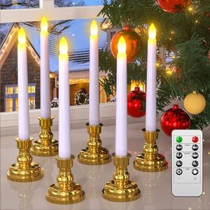 PChero Window Candles with Remote Timer, 6 Packs 7.9" Battery Operated Flameless LED Taper Candles Lights with Removable Gold Candle Holders, Ideal for Thanksgiving Table Christmas Fall Home Decor