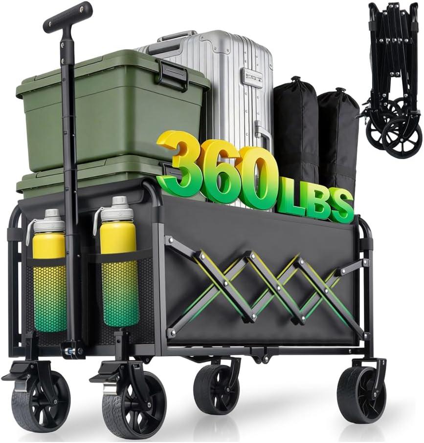 Collapsible Wagon Cart with Wheels Foldable - 360lbs Heavy Duty Folding Cart Utility Lightweight Portable Wagons with 360°Swivel Brakes Wheels for Groceries Shopping Beach Camping Garden