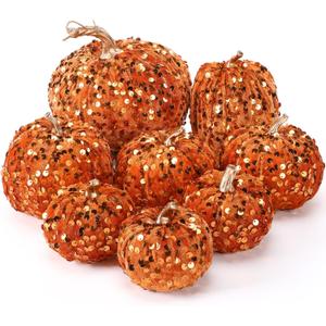 8 Pcs Fall Thanksgiving Pumpkin Decor Glitter Velvet Pumpkin for Home Rustic Farmhouse Artificial Decoration for Autumn Harvest Home Centerpiece Kitchen Thanksgiving Halloween(Orange)
