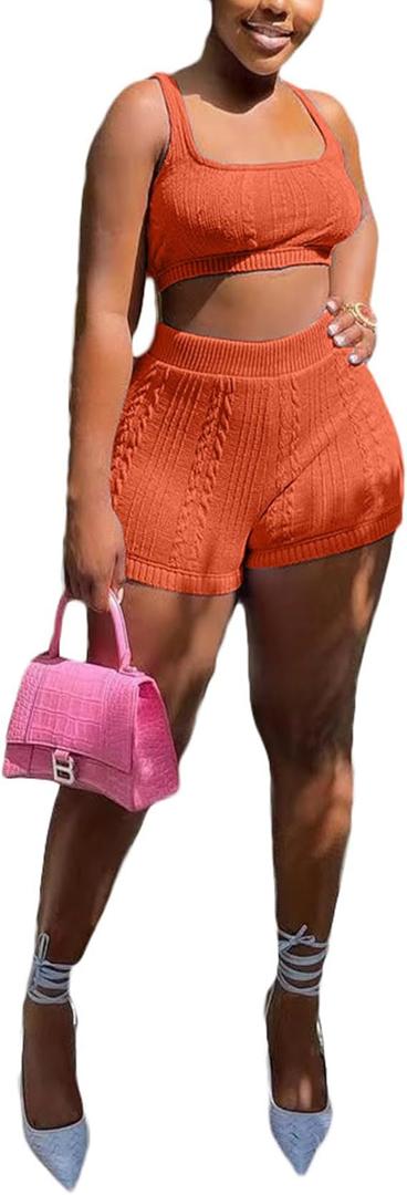 2 Piece Sets for Women Summer Knitted Shorts Set Sleeveless Crop Top and Shorts Crochet Vacation Outfits XL