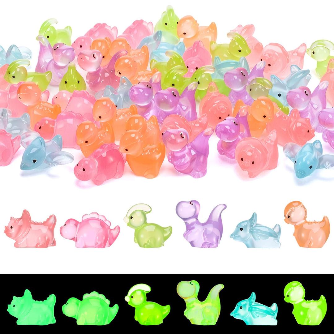 46 Pcs Mini Resin Dinosaurs, Luminous Tiny Dinosaur Figurines, Multicolor Miniature Dinosaur Figures Glow in The Dark for Fairy Garden Landscape Aquarium Birthday Party Decoration (6 Colors)