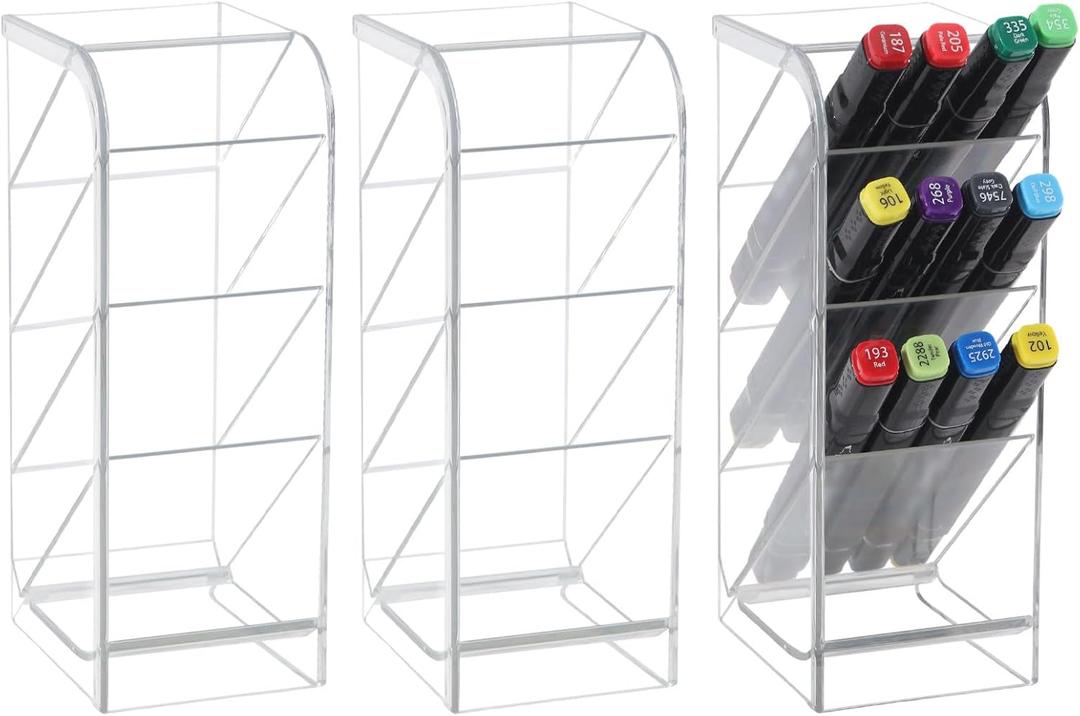 GLOBLELAND 3 Pack Clear Acrylic Pen Organizer Storage with 12 Compartments Vertical Marker Organizer Transparent Acrylic Pen Holder for Office Home Desk Desktop