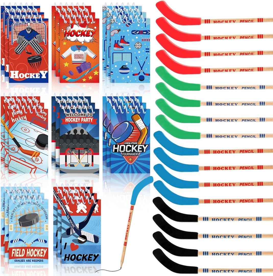 Kisston 48 Pcs Hockey Party Favors Include 24 Mini Notebooks Sports Notepads and 24 Pencils with Eraser Hockey Favors Pencils Gifts for Teacher Office Reward