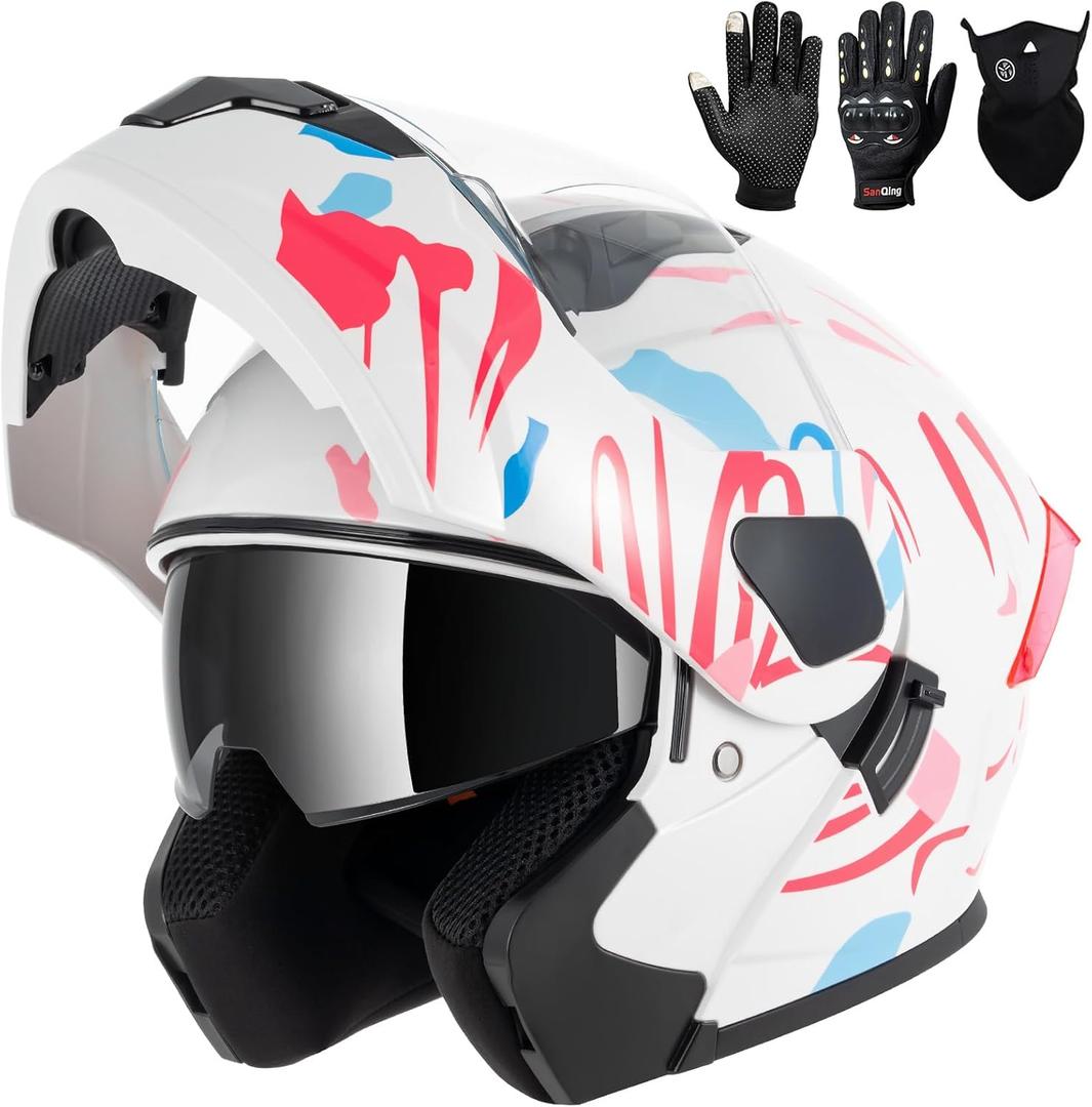 Adult Modular Motorcycle Helmets, DOT Approved Flip up Dual Visor Full Face Helmet for Men Women Moto ATV UTV Snowmobile ADV Four Wheeler Street Bike with Gloves & Mask, Pink Blue White XL