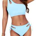Zilcremo Women Cutout One Shoulder Bikini Set Mid Rise Bikini Swimsuit Two Piece Bathing Suit (Medium, Lightblue)