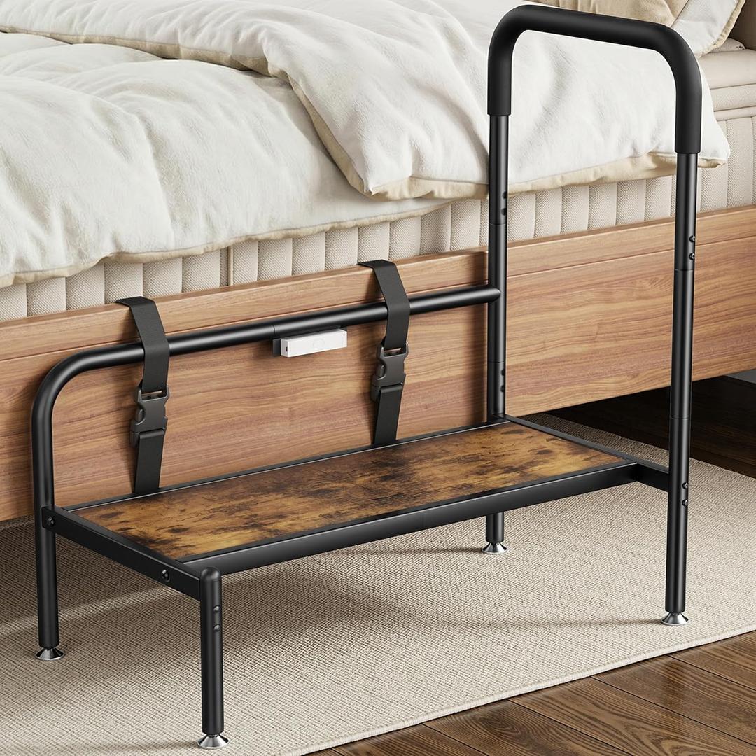 Bed Step Stool for High Beds, Bedside Step Stool for Adults & Seniors with Safety Handle and Motion Sensor LED Light, Stable Step Assist for Elderly