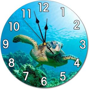 Sea Turtle Wall Clock Battery Operated Silent Non Ticking Round Clock Wall Decor for Home Kitchen Living Room 9.8 Inch