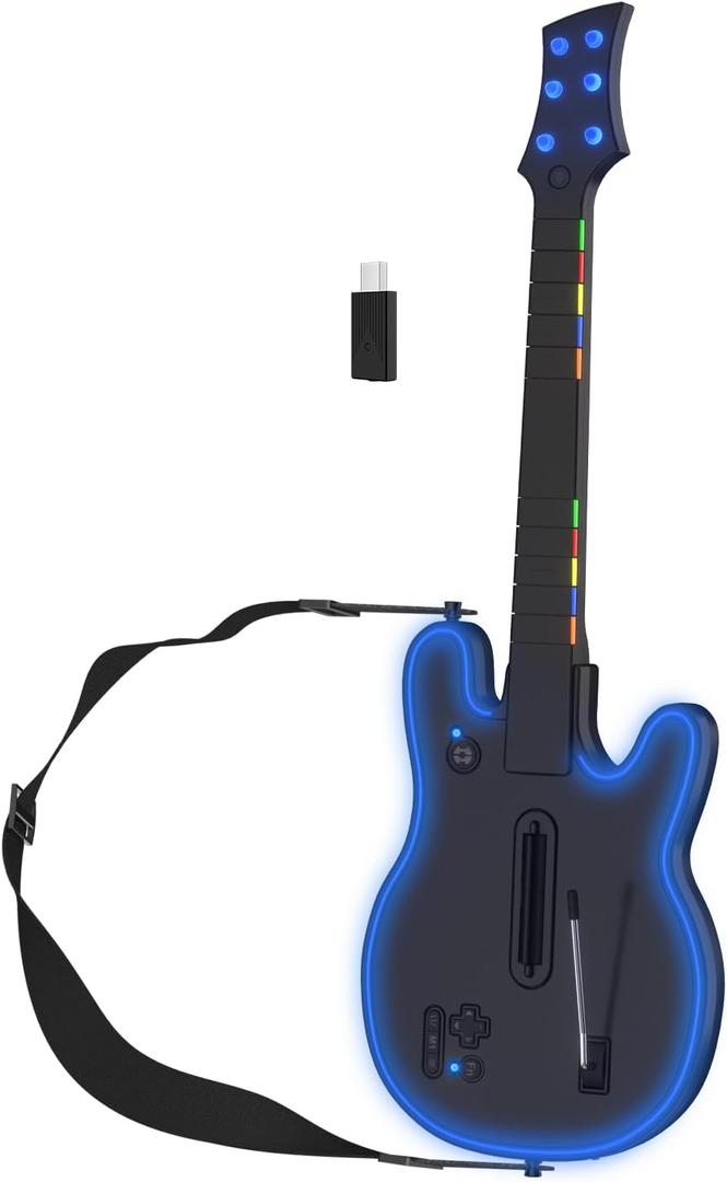 JJDWIN Wireless Guitar Hero Controller for PS4/PS3/PC, Rock Band & Clone Hero Games with RGB Light, Fortnite Festival with Strap & Wireless Dongle,Black