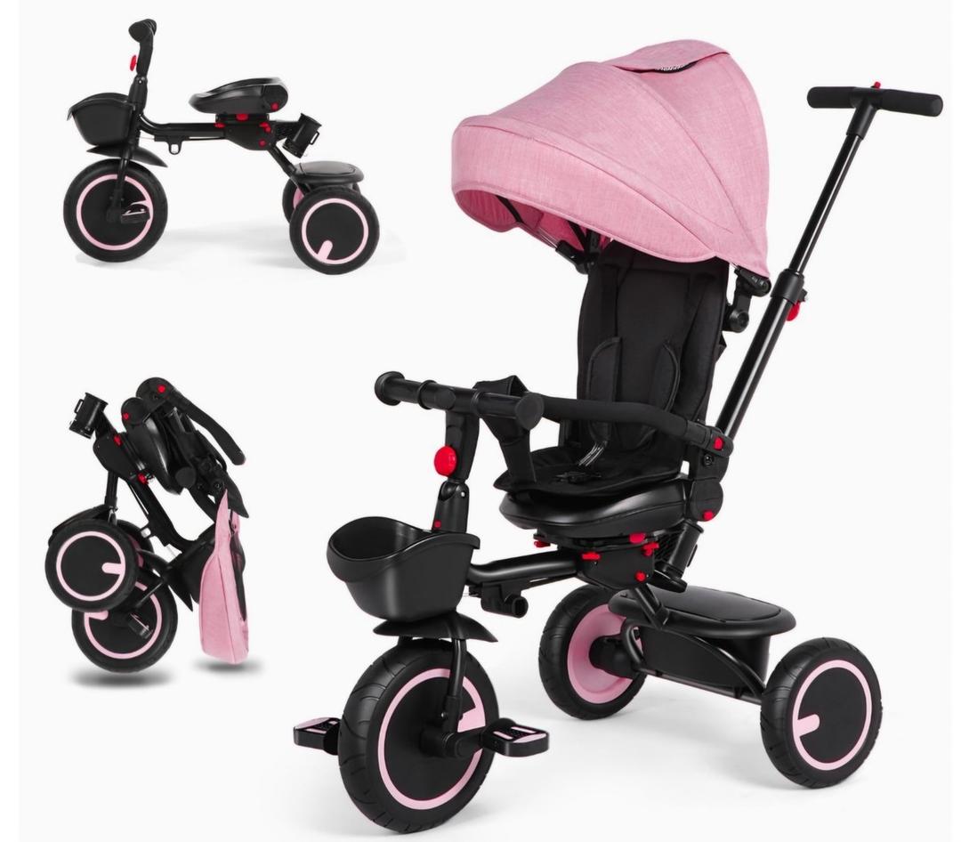 Baby Tricycle, 6-in-1 Folding Kids Trike with Removable Push Handle, Rotatable Seat, Adjustable Canopy, Storage Box, Safety Harness, Balance Bike, Toddler Trike for 7 Months - 5 Year Girls and Boys
