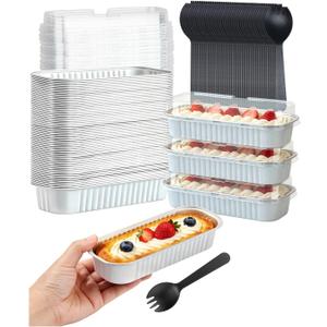 LNYZQUS Mini Cake Pans with Lids 100 Pack,Individual Foil Baking Tins,Disposable Mini Loaf Pans Small Cakes Tin Cupcake Containers for Bake Sale Wedding-White,6.8oz