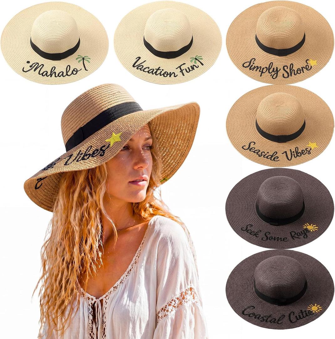 Berlune 6 Pcs Embroidered Straw Hats Wide Brim Summer UPF 50+