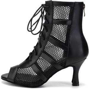 AOQUNFS Latin Salsa Dance Shoes Lace-up Open Toe Ballroom Dance Heel Boots Women (9, Black)