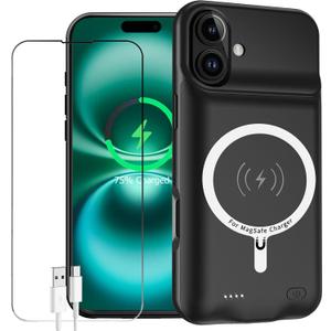 Battery Case for iPhone 16, Enhanced 10000mAh Portable Protective Wireless Charging Case Support Carplay Compatible with iPhone 16 (6.1 inch) Rechargeable Extended Battery Charger (Black)