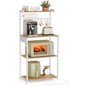VASAGLE Kitchen Bakers Rack with Power Outlet, Coffee Bar 4-Tier with 8 S Hooks, Microwave Stand, Adjustable Shelf, for Small Spaces, Golden Oak and Cloud White UKKS014Y01V1