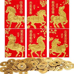ELLZK 36 Pcs Chinese Red Envelopes Lucky Money Envelopes 2026 Chinese New Year Horse Year Envelope Small and 50 Pieces Chinese Feng Shui Coins Good Luck Fortune Coin I-Ching Coin for Health and Wealth