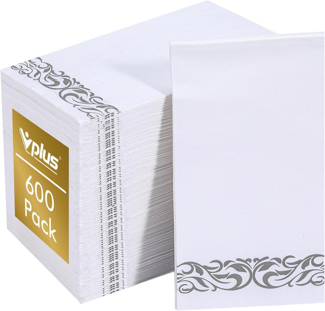 Vplus 600 Pack Paper Napkins Guest Towels Disposable Premium Quality 3-ply Dinner Napkins Disposable Soft, Absorbent, for Kitchen, Wedding, Parties, Dinners or Events(Silver)