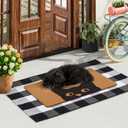 Welcome Door Mat Combo Set, 28" x 43" Black and White Plaid Mat +17" x 30" Cat Welcome Mat, 2 PCS Doormat Set for Front Door, Entrance, Porch Decor, Non-Slip