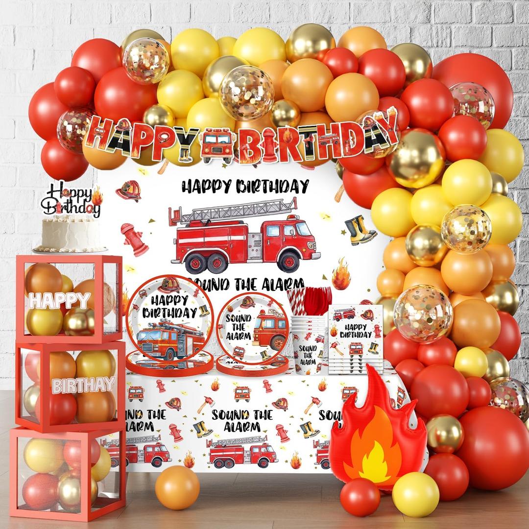 234pcs Firetruck Birthday Decorations, All-in-one Set Includes 300gsm Paper Plates Waterproof Plastic Tablecloth and 105 Balloons, Fire Truck Birthday Decorations for Firefighter Party