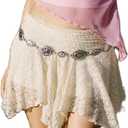 Women's Lace Mini Skirt Assymetrical Hem Ruched Waist Floral Lacy Ruffle Pleated Short Skirt with Inner Shorts (S)