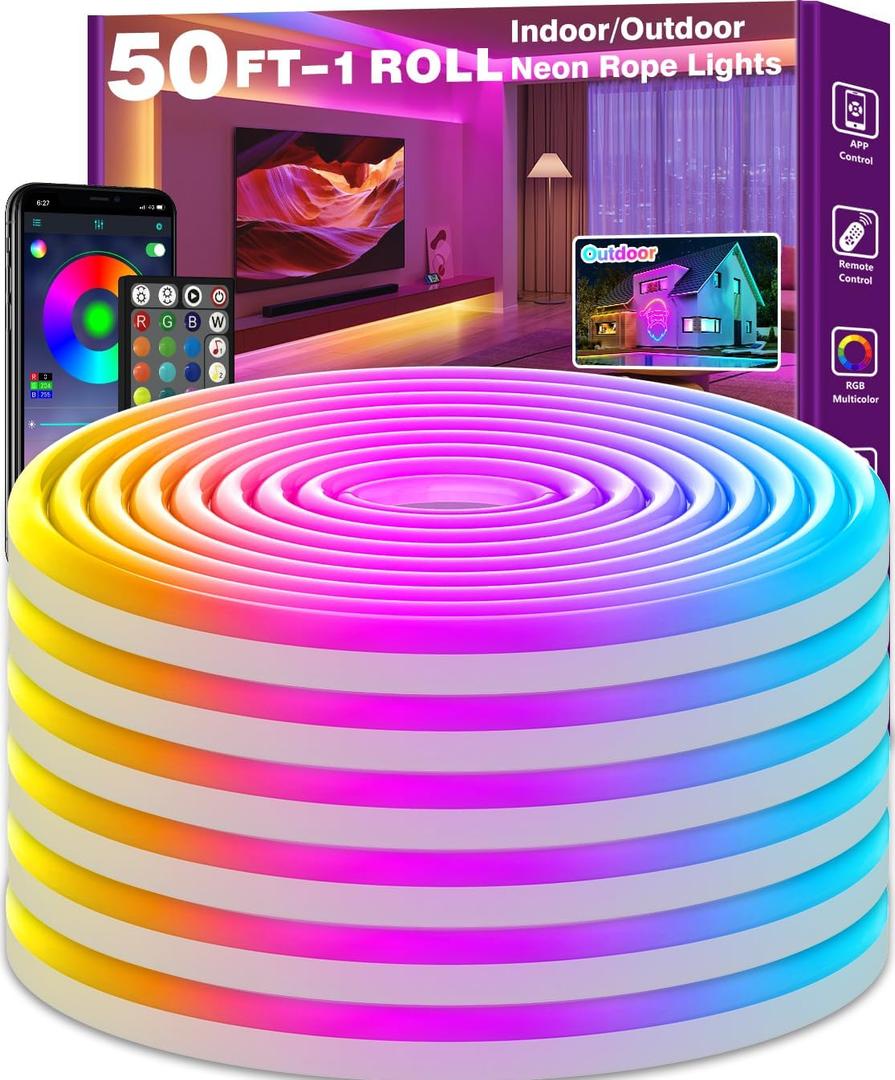 SINLEY Led Neon Rope Lights,Control with App/Remote,Flexible Led Rope Lights,Multiple Modes,IP68 Outdoor RGB Neon Lights Waterproof,Music (50FT)