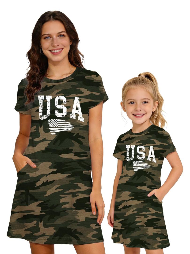 TIEEI 4th of July Dress Mother Daughter Matching Dresses 4th of July Short Sleeve Outfits