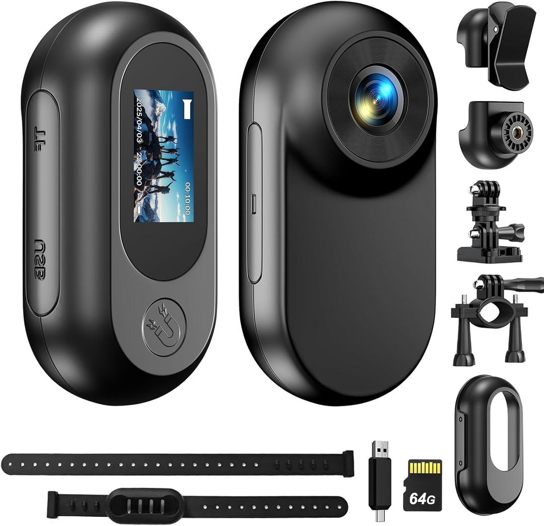 Mini Body Camera 64GB 1080P Tiny Cam Portable Thumb Action Camera Wearable Hands-Free POV Portable Video Recorder with Two Pets Collars Mount and Bicycle Mount Bracket for Cycling Pet Vlogging (32G)