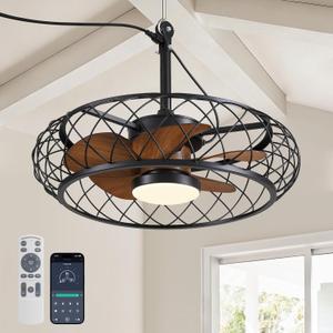 24" Plug-in Outdoor Ceiling Fan with Light, Caged Walnut | Remote/APP, 3CCT Dimmable 2800-6500K, 6-Spd Reversible DC Motor (<35dB), 2553 CFM, IPX4 Covered Only, 16ft Cord, 3 Mounts Walnut-24 inch