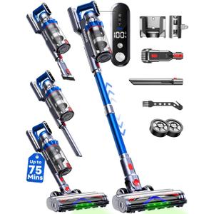 Cordless Vacuum Cleaner, 75Mins/55KPa/650W Freestanding Stick Vacuum Cleaners for Home, Rechargeable, Lightweight, Cone Filtration&Anti-Tangle, for Hard Floor, Carpet, Hardwoods, Pet Hair