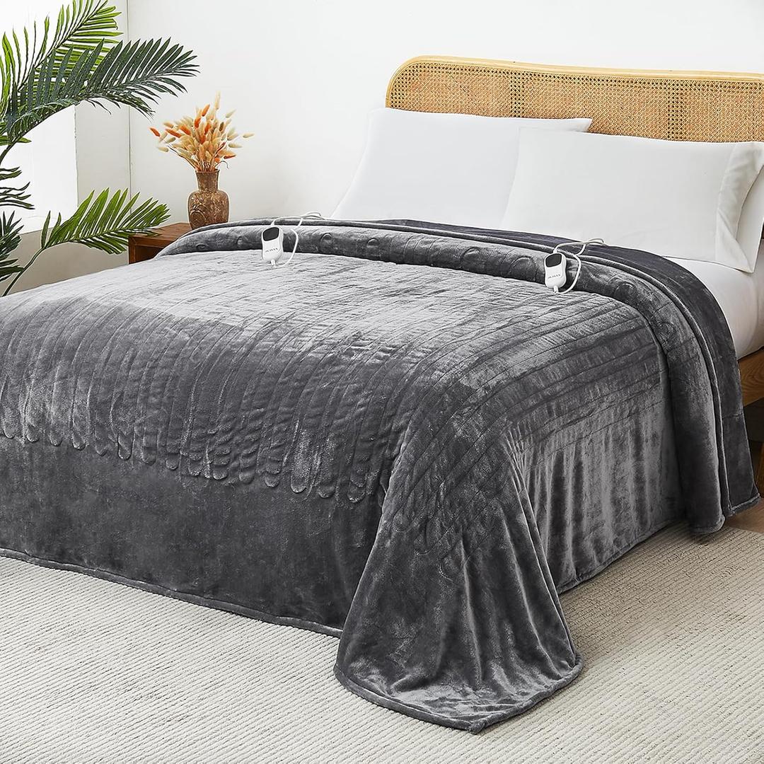 JKMAX Electric Heated Blanket - Queen Size 84"x90" With 10 Heating Levels, 8 Hours Auto Off, Fast Heating - Ultra Soft, Overheat Protection, ETL Certified, Grey
