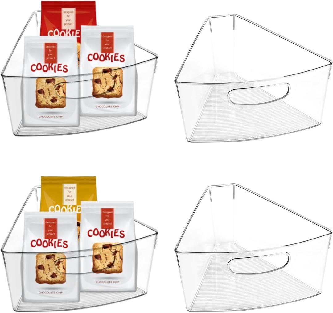 URALFA Lazy Susan Organizers Set of 4, 10"x 9.5"x 4" Corner Cabinet Organizer, Plastic Transparent Kitchen Cabinet Storage Bins with Handle, 4" Deep Container, 1/8 Wedge - Food Safe, BPA Free
