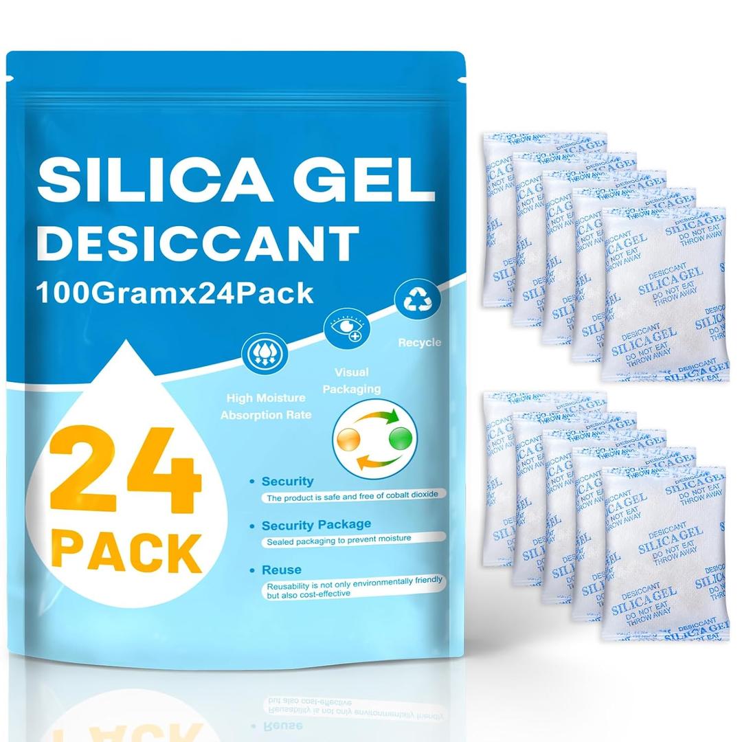 VOISEN 100 Gram 24 Pcs Color-Indicating Silica Gel Packets, Premium Food Grade Desiccant, Transparent Desiccant, Desiccant Packets for Storage, Premium Desiccant Packs for Food, Electronics, Closet