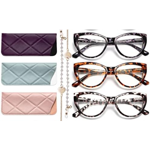 Gaoye 3 Pack Fashion Cat Eye Reading Glasses for Women, Computer Blue Light Readers Anti Glare With Eyeglasses Chain (B 5 PACK MIX, 0.0, multiplier_x)