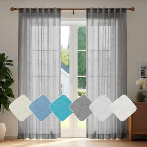 Deconovo Faux Linen Semi Sheer Curtains, 52x72 Inch Length, Set of 2 Back Tab Panels, Light Filtering Voile Window Treatment, Airy Privacy Farmhouse Drapes for Living Room Bedroom Office, Dark Grey