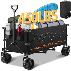 49''L Collapsible Foldable Extended Wagon with 450lbs Weight Capacity, Heavy Duty 300L Folding Utility Garden Cart with Big All-Terrain Beach Wheels & Drink Holders. Black