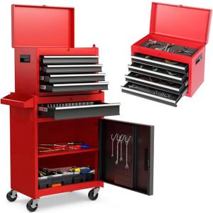 Rovibek Tool Chest, 5-Drawer Metal Tool Box with Wheels, Rolling Tool Chest with Foam Packaging, Lockable Wheels, Detachable Top Tool Box, Tool Storage Cabinet for Garage Workshop Warehouse, Pure Red