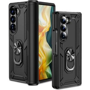 Heavy Duty Case for Samsung Galaxy Z Fold 6 5G Phone Case Military Grade Shockproof Rugged Protective Cover for Samsung Z Fold 6 with Metal Ring Magnetic Kickstand (Black)