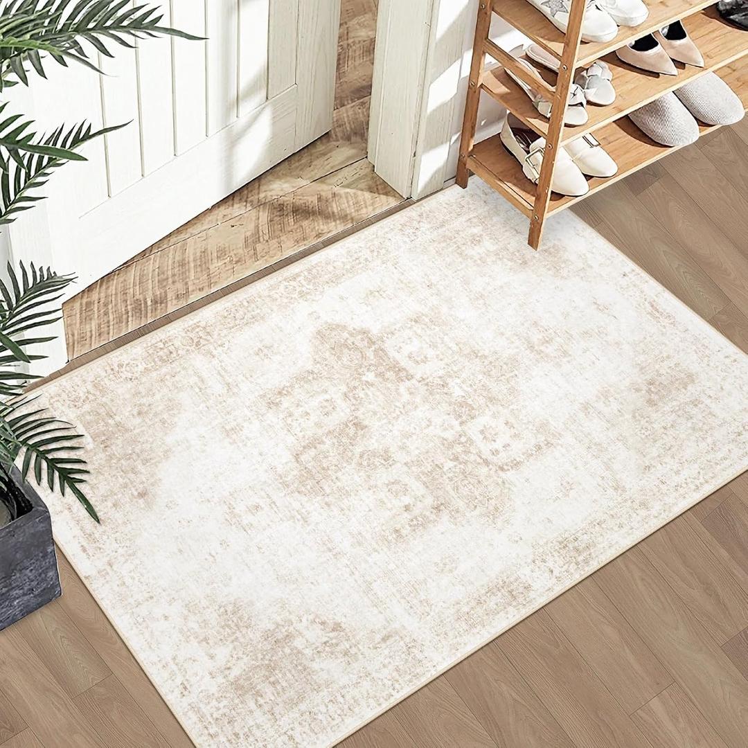 Area Rug 2x3 Washable Rug, Vintage Boho Medallion Entryway Rug Non-Slip Soft Low Pile Small Distressed Floor Carpet Retro Doormat for Kitchen Bedroom Laundry Bathroom Hallway (Beige, 2'x3')