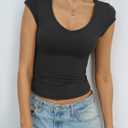Eachyes Womens V Neck Cap Sleeve Shirts Sexy Fitted Crop Tops Cute Basic Tees Y2k Outfits Going Out Summer Clothes 2026 (Black, L)