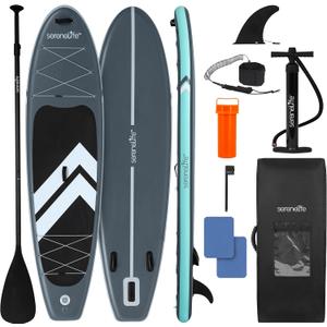 SereneLife Ultra-Light Inflatable Stand Up Paddle Board with Premium SUP Accessories - Extra Wide Stable Design with Non-Slip EVA Deck Pad for Youth and Adults of All Skill Levels - 350 lbs Capacity, Size: 10'6"