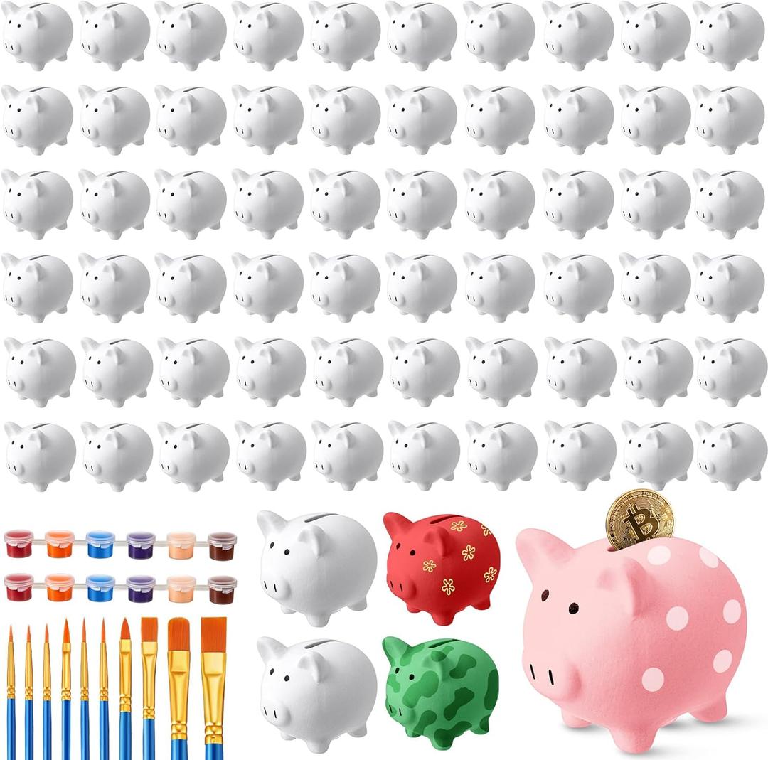 48 Pcs DIY Ceramic Piggy Banks Pig Coin Banks Unglazed White for Boys Girls with 2 Paint Strips 10 Brushes Money Birthday Home Festival Fun Activities Gift